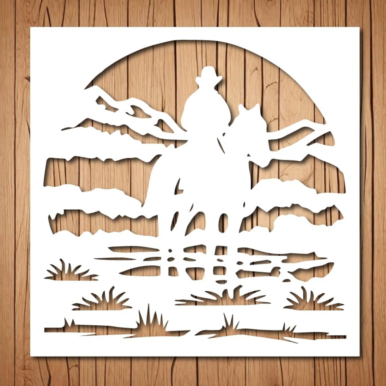 Cowboy Scene Stencil | Reusable Western Stencils for Painting on Wood, Glass, Wall, Rock, Fabric, Canvas, Glassware, Spray Painting, Airbrushing | 10"x 10"